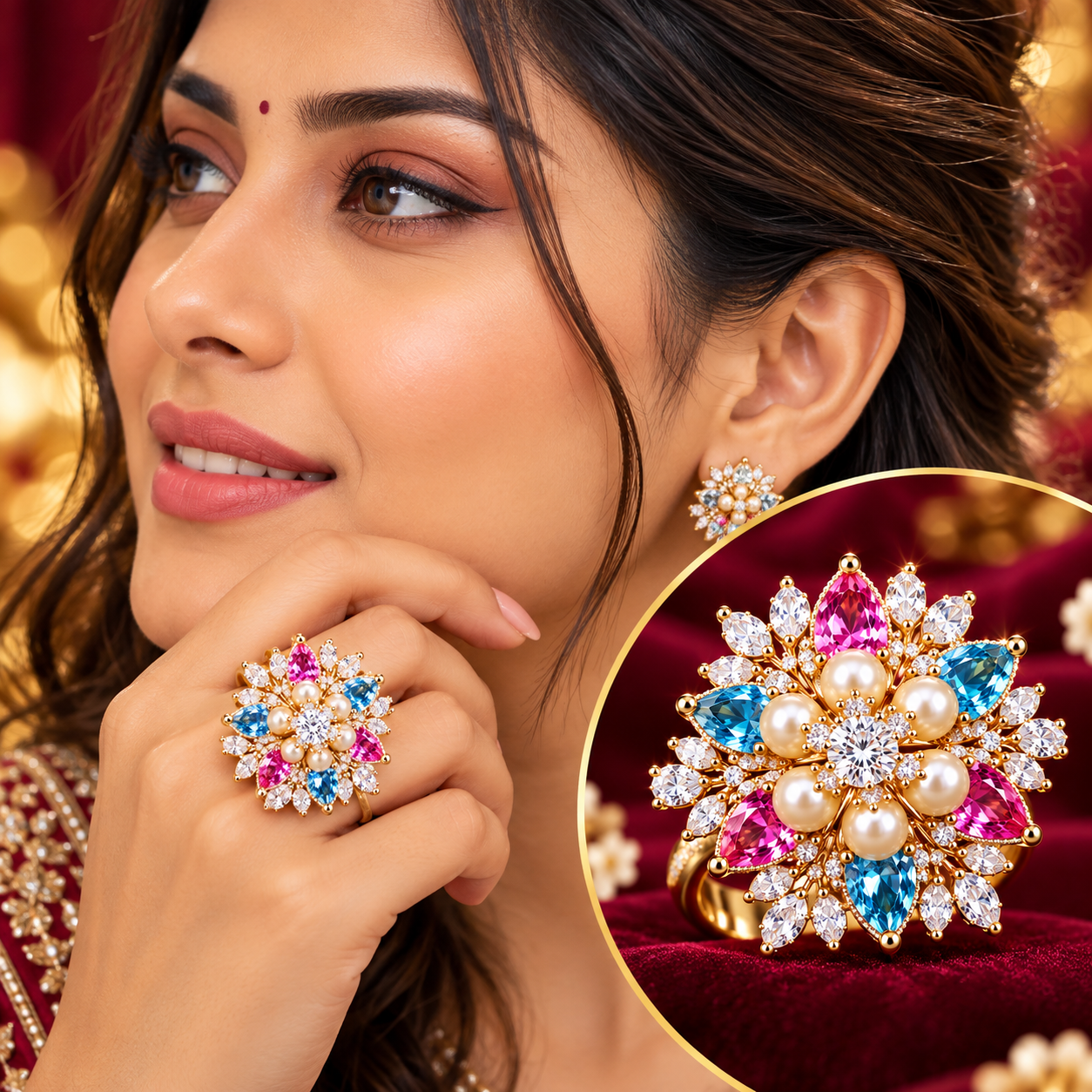 Royal Multi-Gemstone & Pearl Floral Cocktail Gold Ring